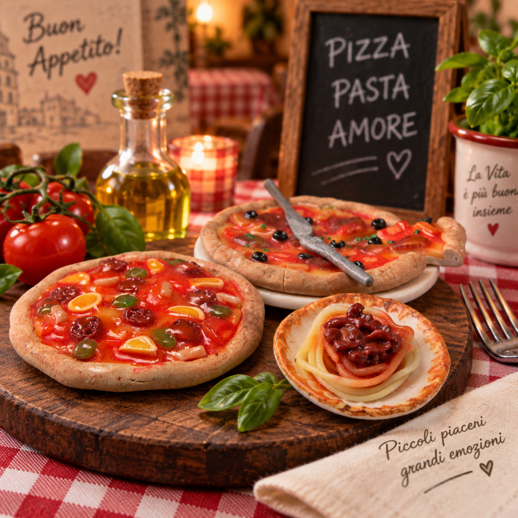 Miniatűr pizzák és spagetti folyékony gyurma felhasználásával