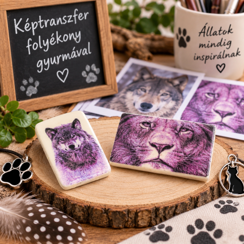 Képtranszfer folyékony gyurmával – farkas és oroszlán mintás alkotások