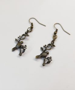 Antik bronz fülbevaló faág madárral 1 pár