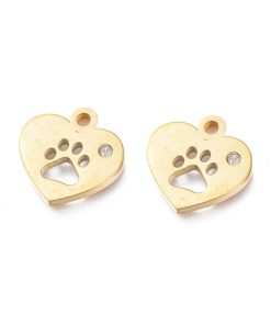 Nemesacél szív alakú tappancsos medál kristályos strasszal arany színű