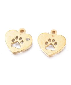 Alternative view of Nemesacél szív alakú tappancsos medál kristályos strasszal arany színű