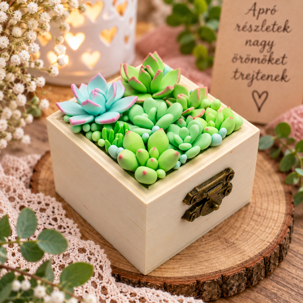 Süthető gyurmából készült pozsgásokkal díszített fa doboz – kézzel készített ajándékötlet