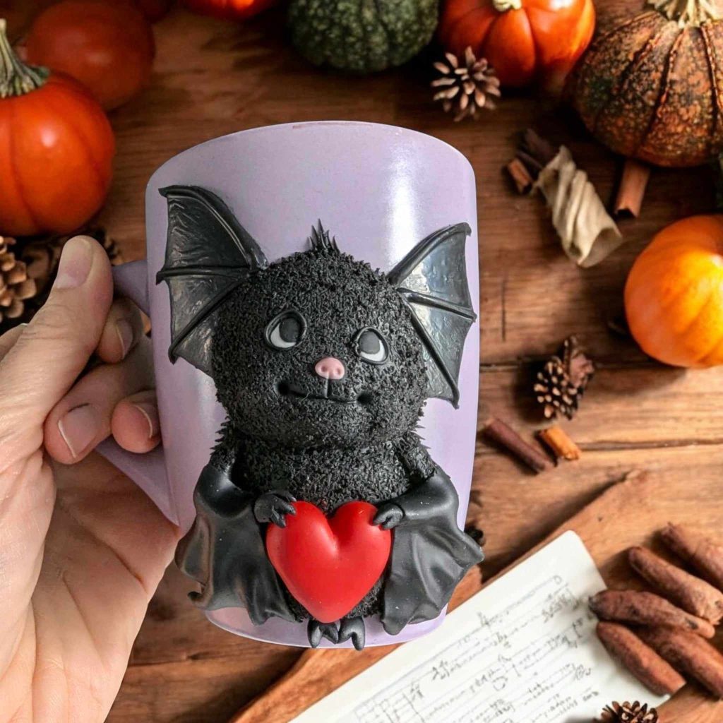 Fekete denevérrel díszített halloweeni bögre süthető gyurmából