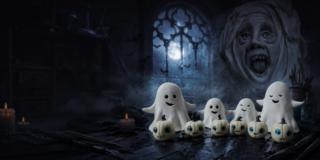 Szellemek és tökfigurák halloweeni süthetőgyurma-alkotásokkal
