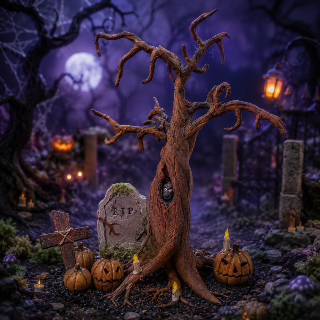 Halloweeni temető és kiszáradt fa süthető gyurmából