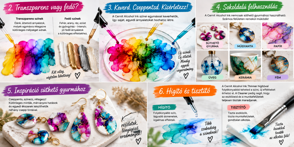 Cernit Alcohol Ink felhasználási ötletek süthető gyurmához, műgyantához, üveghez, kerámiához és papírhoz
