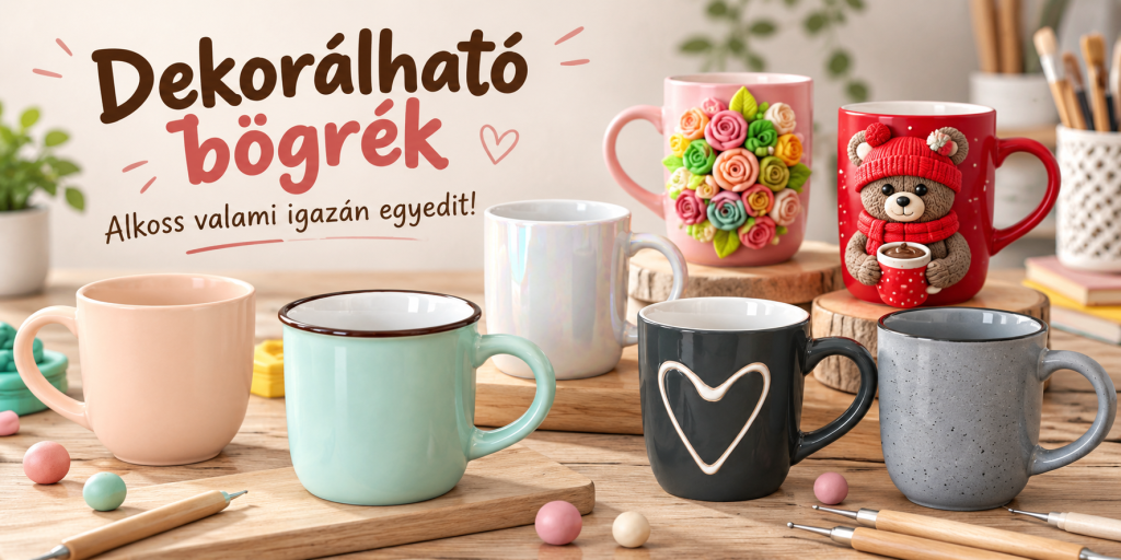 Dekorálható bögrék süthető gyurmás alkotásokhoz, virágos és macis inspirációval