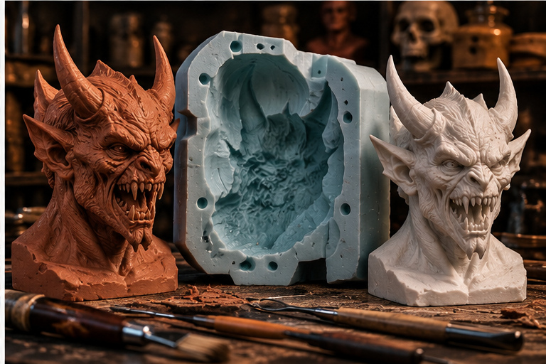 Monster Clay modell, szilikonforma és a formából készült öntvény