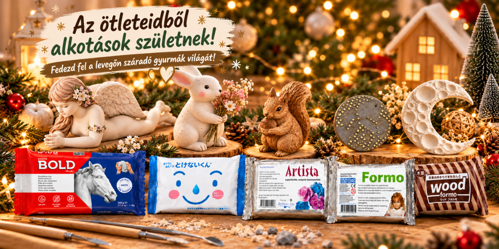 Karácsonyi hangulatú kreatív alkotások levegőn száradó gyurmából, angyalka, nyuszi, mókus és dekorációk, Smarta BOLD, Padico és Darwi gyurmákkal.