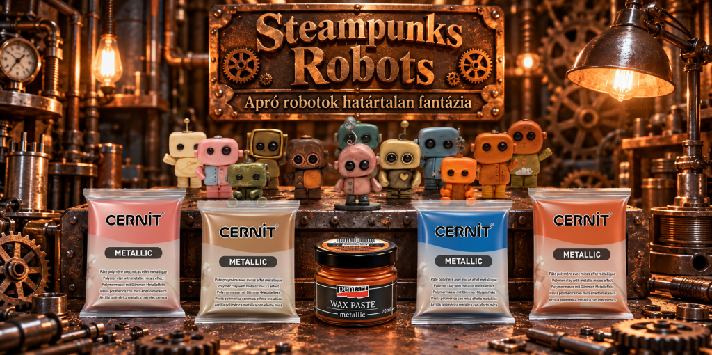 Steampunk stílusú, kézzel készített süthető gyurma robotfigurák Cernit Metallic gyurmákkal és Pentart metál wax pasztával, rézszínű műhelyháttérben.